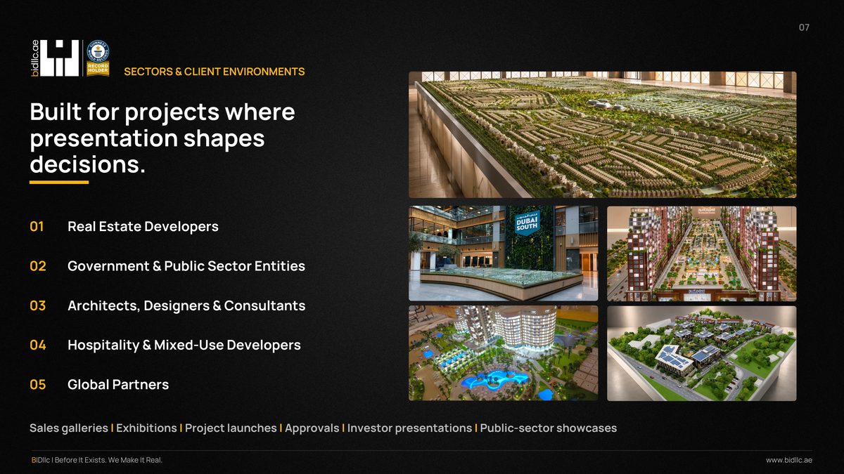 BIDllc Company Profile — page 7: SECTORS & CLIENT ENVIRONMENTS 07 Built for projects where presentation shapes decisions. 01 Real Estate