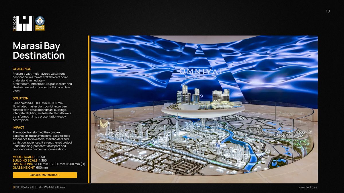 BIDllc Company Profile — page 10: Marasi Bay Destination MODEL SCALE: 1:1,250 BUILDING SCALE: 1:300 DIMENSIONS: 6,000 mm × 6,000 mm × 200 mm