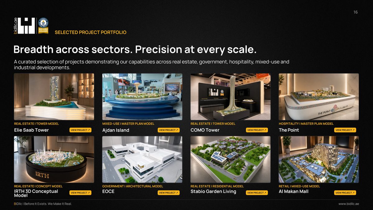 BIDllc Company Profile — page 16: Breadth across sectors. Precision at every scale. SELECTED PROJECT PORTFOLIO MIXED-USE | MASTER PLAN MODEL