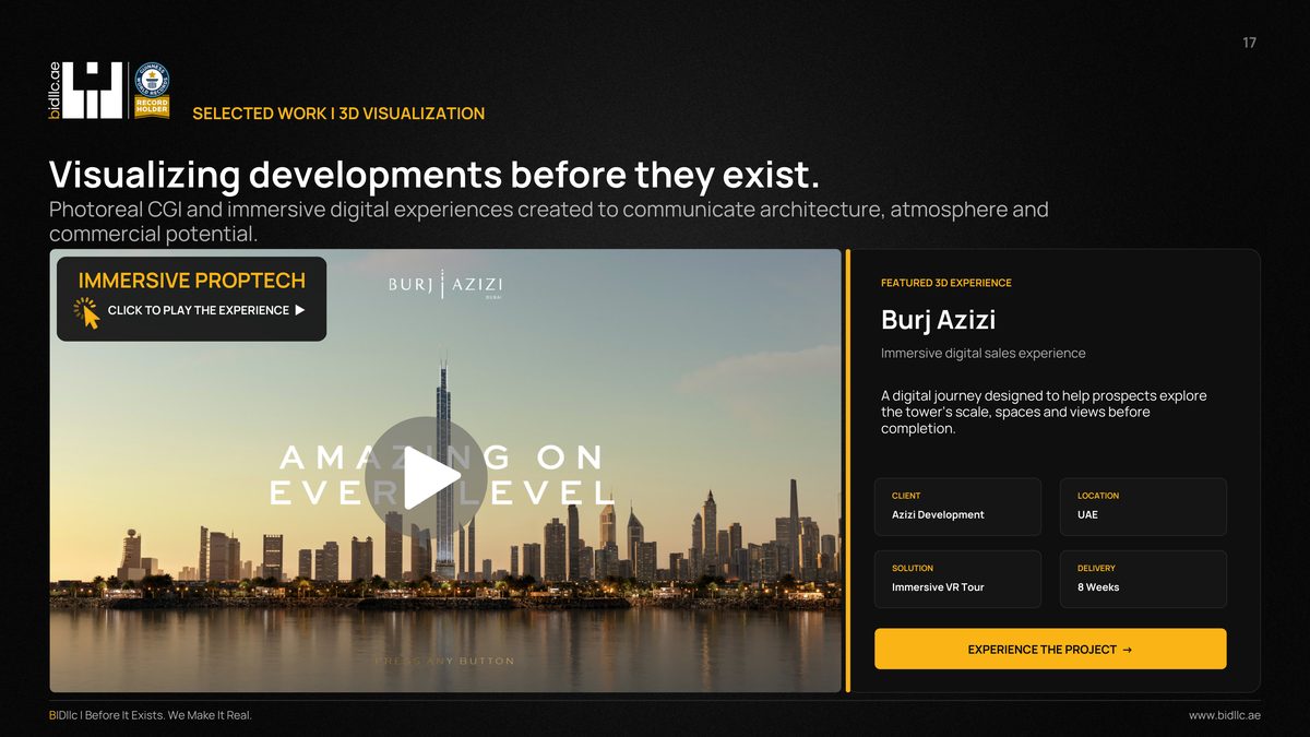 BIDllc Company Profile — page 17: SELECTED WORK | 3D VISUALIZATION 17 www.bidllc.ae Visualizing developments before they exist. Photoreal CGI